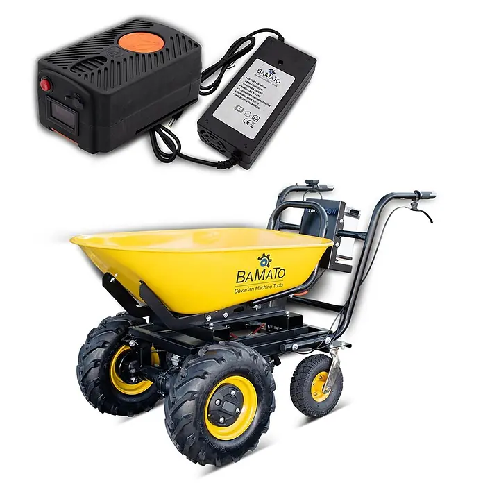 BAMATO Elektrische Schubkarre MTR-300W 300kg Traglast 400W -  - Eine gelbe motorisierte Minidumper mit schwarzen Rädern und Rahmen, zusammen mit ihrem schwarzen Batterieladegerät.