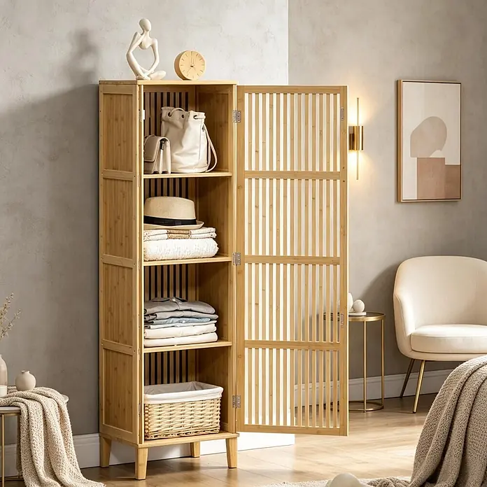 SONNENH Bambus-Hochschrank mit Lamellentür, Natur -  - Natürlicher Bambus-Aufbewahrungsschrank mit offener Lamellentür, der Regale mit Kleidung und Accessoires in einem modernen Raum zeigt.