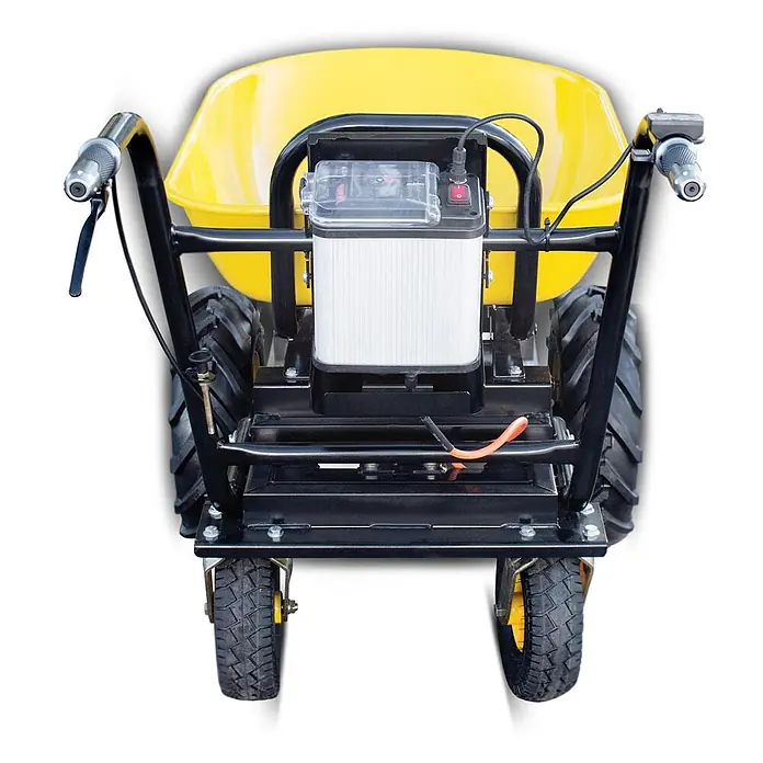 BAMATO Elektrische Schubkarre MTR-300W 300kg Traglast 400W -  - Rückansicht einer gelben elektrischen Schubkarre mit schwarzem Rahmen, Akku und Lenkerbedienung.
