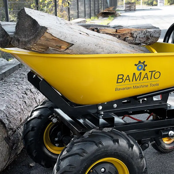 BAMATO Elektrische Schubkarre MTR-300W 300kg Traglast 400W -  - Gelbe motorisierte Schubkarre mit dicken Reifen, die Holzstämme transportiert.