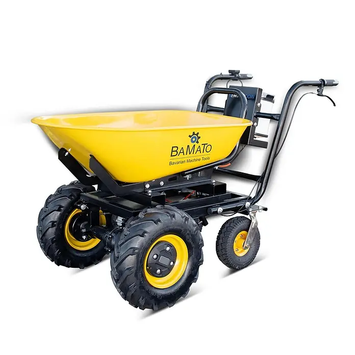 BAMATO Elektrische Schubkarre MTR-300W 300kg Traglast 400W -  - Gelbe motorisierte Minidumper mit schwarzem Rahmen und Geländereifen, ausgestattet mit Lenker und BAMATO Logo.