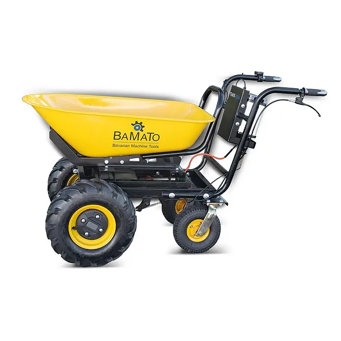 BAMATO Elektrische Schubkarre MTR-300W 300kg Traglast 400W -  - Elektrische Schubkarre mit gelber Mulde, schwarzem Rahmen und robusten Rädern.