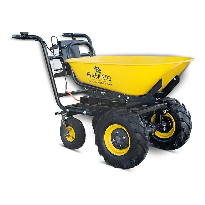 BAMATO Elektrische Schubkarre MTR-300W 300kg Traglast 400W -  - Gelbe Elektro-Schubkarre/Mini-Dumper mit schwarzem Rahmen, großen schwarzen Rädern und Griffen.