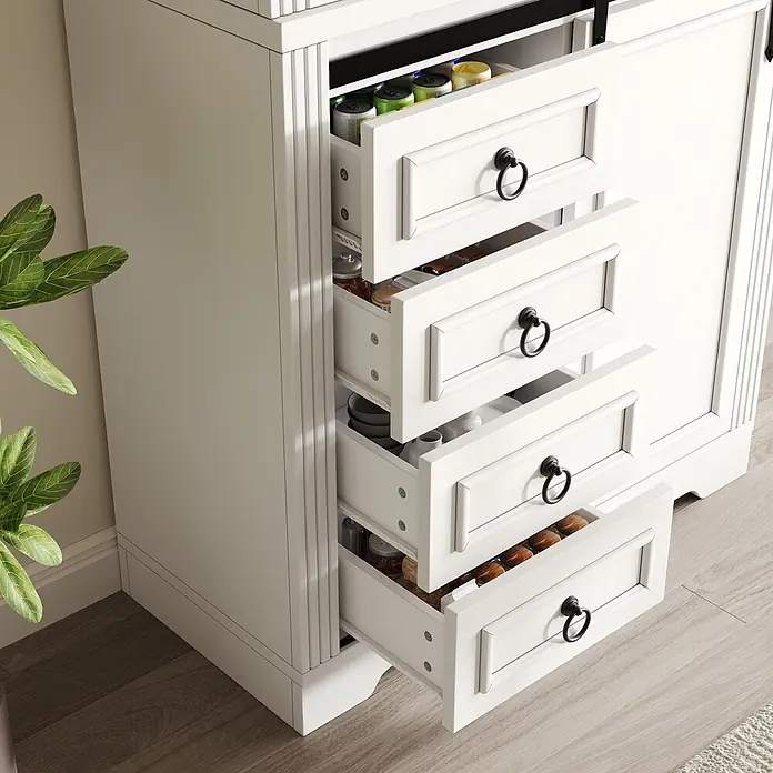 SONNENH Hochschrank mit 4 Schubladen und Zusatzablagen, Weiß -  - Weißer Küchenschrank aus Holz mit mehreren ausziehbaren Schubladen voller Dosen und Gläser, mit schwarzen Ringgriffen.