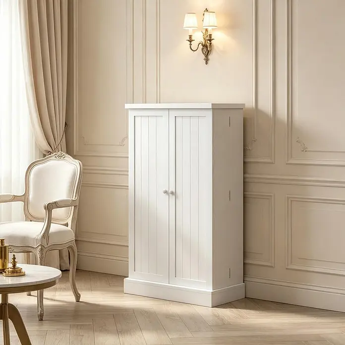 SONNENH Vorratsschrank mit Türablagen, Weiß -  - Weißer Holzschrank mit Lamellentüren und kleinen Knöpfen in einem klassischen Raum.