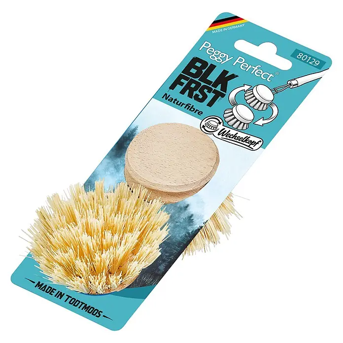 Peggy Perfect BLK FRST Ersatzbürstenkopf - Rund, 2 Stk. - Beiger Naturfaser Spülbürsten-Ersatzkopf auf blauer Einzelhandelsverpackung.