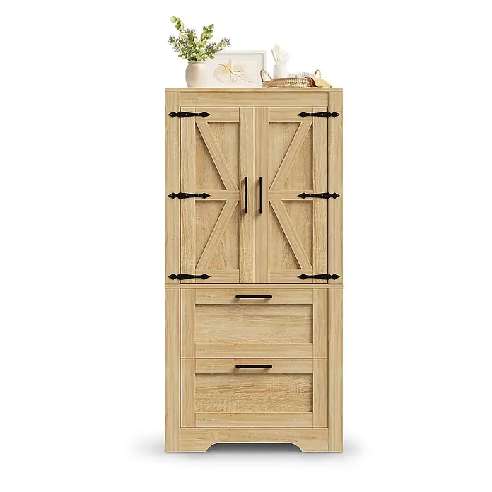 SONNENH Hochschrank mit 2 Schubladen im Landhausstil, Natur -  - Heller Holzschrank mit Scheunentür-Stil oben und zwei Schubladen, schwarzen Griffen und Scharnieren.