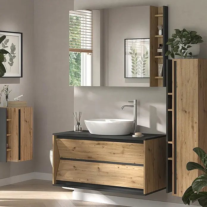 Vicco Badmöbel-Set Edelin Anthrazit/Artisan 4 Teile - Gesamtbreite Badmöbel: 135 cm, Anthrazit, Matt - Modernes Badezimmermöbel-Set aus hellem Holzdekor und Dunkelgrau, mit Waschtisch, Hochschrank und Wandschrank.