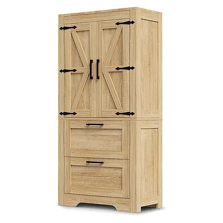 SONNENH Hochschrank mit 2 Schubladen im Landhausstil, Natur