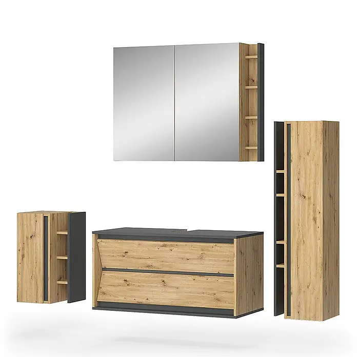 Vicco Badmöbel-Set Edelin Anthrazit/Artisan 4 Teile - Gesamtbreite Badmöbel: 135 cm, Anthrazit, Matt - Modernes Badmöbel-Set aus hellem Holz und Dunkelgrau, mit Spiegelschrank, Waschtischunterschrank und Hochschränken.