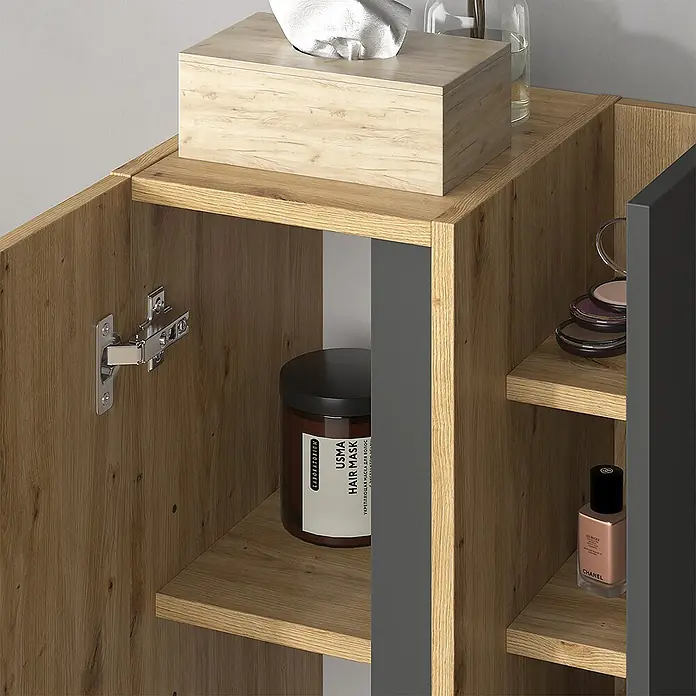 Vicco Badmöbel-Set Edelin Anthrazit/Artisan 4 Teile - Gesamtbreite Badmöbel: 135 cm, Anthrazit, Matt - Heller Holzschrank mit offenen Regalen und einem geschlossenen Fach, bestückt mit Taschentüchern, Haarmaske, Make-up und Nagellack.