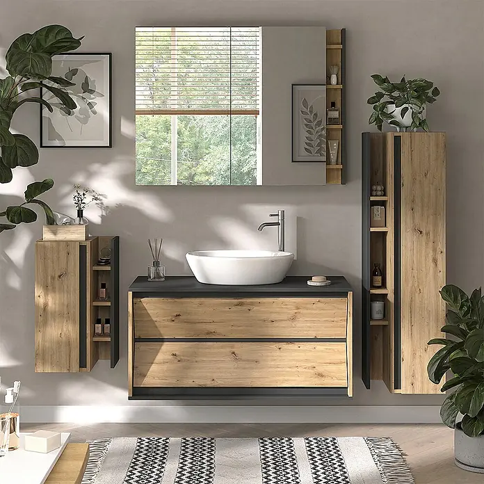 Vicco Badmöbel-Set Edelin Anthrazit/Artisan 4 Teile - Gesamtbreite Badmöbel: 135 cm, Anthrazit, Matt - Modernes Badmöbelset in Holzoptik und Dunkelgrau mit weißem Waschbecken, Spiegel und Lagerschränken.