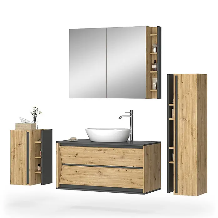 Vicco Badmöbel-Set Edelin Anthrazit/Artisan 4 Teile - Gesamtbreite Badmöbel: 135 cm, Anthrazit, Matt - Modernes Badmöbel-Set in Holzoptik und Dunkelgrau, bestehend aus Waschtischunterschrank, Spiegelschrank und Hochschränken.