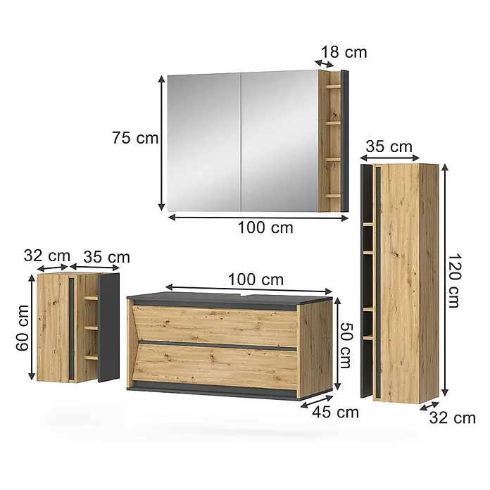 Vicco Badmöbel-Set Edelin Anthrazit/Artisan 4 Teile - Gesamtbreite Badmöbel: 135 cm, Anthrazit, Matt - Badezimmermöbel-Set in hellem Holz und Dunkelgrau. Beinhaltet Spiegelschrank, Waschtischunterschrank und zwei Seitenschränke.