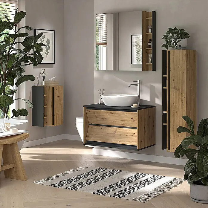 Vicco Badmöbel-Set Edelin Anthrazit/Artisan 4 Teile - Gesamtbreite Badmöbel: 135 cm, Anthrazit, Matt - Modernes Badmöbel-Set aus Holzoptik mit dunkelgrauen Akzenten, Waschbecken, Spiegelschrank und hohem Stauraumschrank.