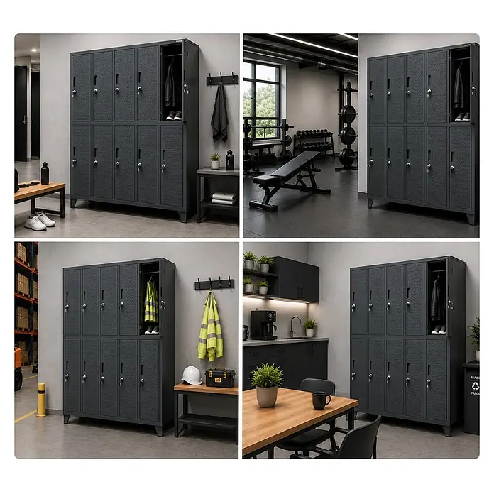 Jan Nowak Spind - H x B x T: 172 x 136 x 45 cm, Anthrazit - Dunkelgrauer Metallspind mit perforierten Türen, in Fitnessstudio-, Werkstatt- und Büro-Umgebungen, betont seine vielseitige Lagerung.