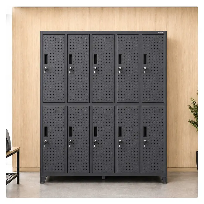 Jan Nowak Spind - H x B x T: 172 x 136 x 45 cm, Anthrazit - Dunkelgrauer Metallspind mit 10 perforierten Türen, Griffen und Schlüsseln. Perfekt für Büro oder Umkleidekabinen.