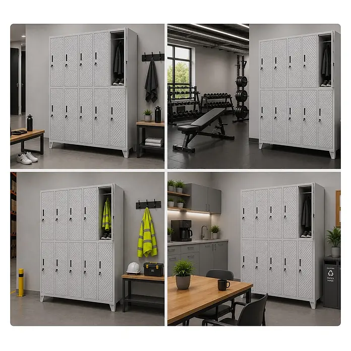 Jan Nowak Spind - H x B x T: 172 x 136 x 45 cm, Grau - Hellgraue Metallschränke mit perforierten Türen und schwarzen Schlössern, gezeigt in verschiedenen Umgebungen wie Fitnessstudio, Werkstatt und Büro.