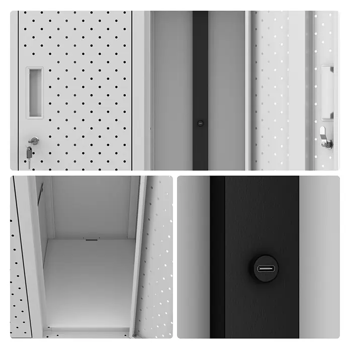 Jan Nowak Spind - H x B x T: 172 x 136 x 45 cm, Grau - Perforierter Metallschrank mit perforierter Tür, Schlüssel und internem USB-C Ladeanschluss.