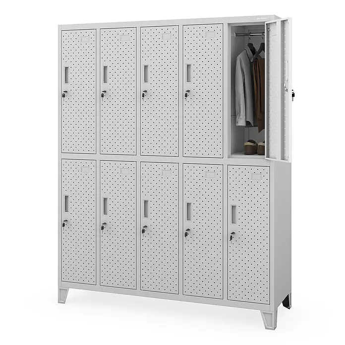 Jan Nowak Spind - H x B x T: 172 x 136 x 45 cm, Grau - Grauer Metallspind mit perforierten Türen und zehn Fächern; eine obere rechte Tür ist offen und zeigt Kleidung und Schuhe.