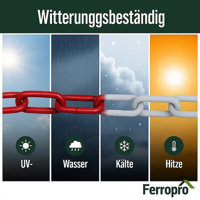 Famex Absperrkette - Ø x L: 5 mm x 15 m, Stahl - Rote Kette demonstriert Wetterbeständigkeit gegen UV, Wasser, Kälte und Hitze.