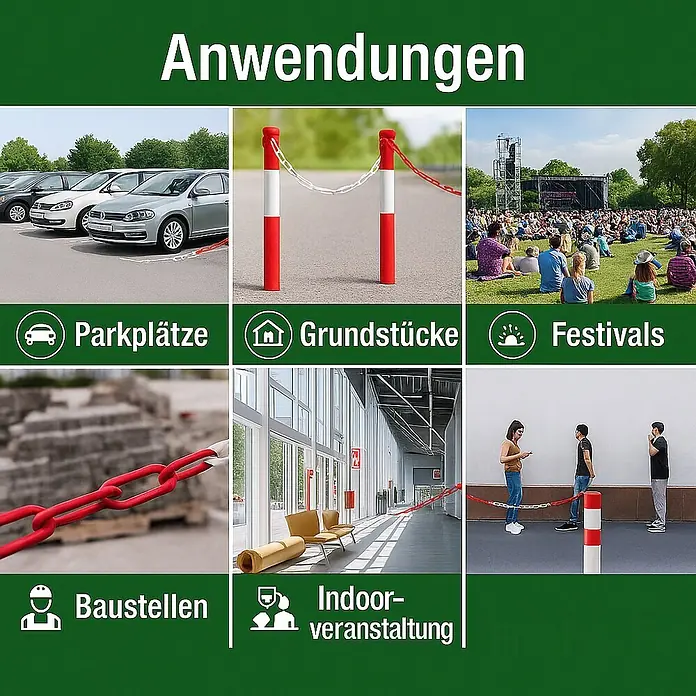 Famex Absperrkette - Ø x L: 5 mm x 15 m, Stahl - Rote und weiße Absperrpfosten mit Ketten werden in verschiedenen Anwendungen wie Parkplätzen und Veranstaltungen eingesetzt.