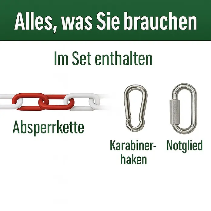 Famex Absperrkette - Ø x L: 5 mm x 15 m, Stahl - Weiße und rote Kunststoff-Absperrkette mit silbernem Karabiner und Notglied.