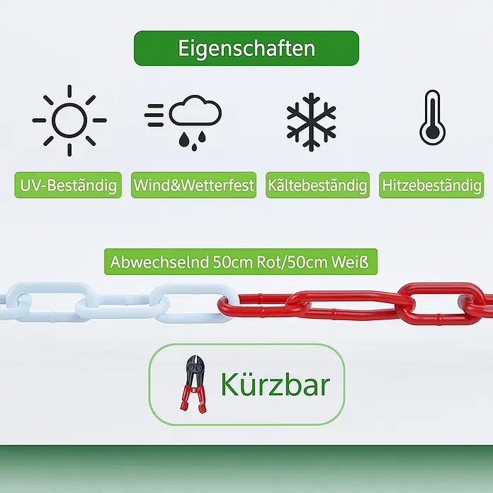Famex Absperrkette - Ø x L: 5 mm x 15 m, Stahl - Kunststoffkette, abwechselnd rot und weiß (50cm), UV-, witterungs-, kälte- und hitzebeständig, kürzbar.