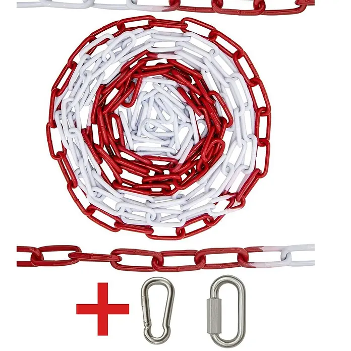 Famex Absperrkette - Ø x L: 5 mm x 15 m, Stahl - Rot-weiße Kunststoff-Absperrkette, aufgerollt, mit zwei Karabinerhaken.