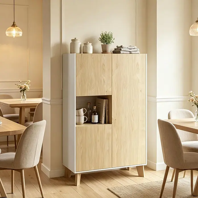 SONNENH Mehrzweckschrank mit offenem Fach, Weiß/Naturholzoptik -  - Zweifarbiges Sideboard aus hellem Holz und Weiß mit offenem und geschlossenem Stauraum in einem warmen Esszimmer.