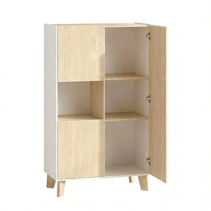 SONNENH Mehrzweckschrank mit offenem Fach, Weiß/Naturholzoptik -  - Zweifarbiger Schrank mit weißem Rahmen und hellen Holzfronten, offenen Fächern und einer geöffneten Tür.
