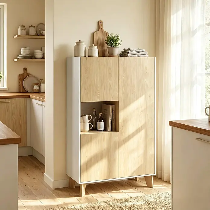 SONNENH Mehrzweckschrank mit offenem Fach, Weiß/Naturholzoptik -  - Holz- und weißer Küchenschrank mit integriertem offenen Regal, der Stauraum bietet und Gegenstände ausstellt.