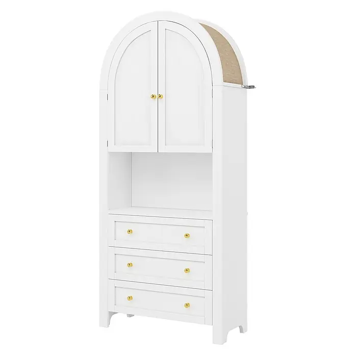 SONNENH Holz-Mehrzweckschrank mit Bogenaufsatz und Schubladen, Weiß -  - Weißes Holzregal mit Rundbogen, geflochtener Rückwand, goldenen Knäufen, 2 Türen, offenem Fach und 3 Schubladen.
