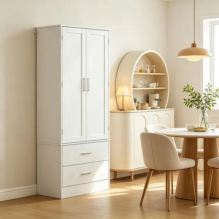 SONNENH Vorratsschrank mit 2 Schubladen und Türablagen, Weiß -  - Weißer Hochschrank mit zwei Türen und zwei Schubladen, in einem modernen Essbereich neben einem gewölbten Display-Schrank.