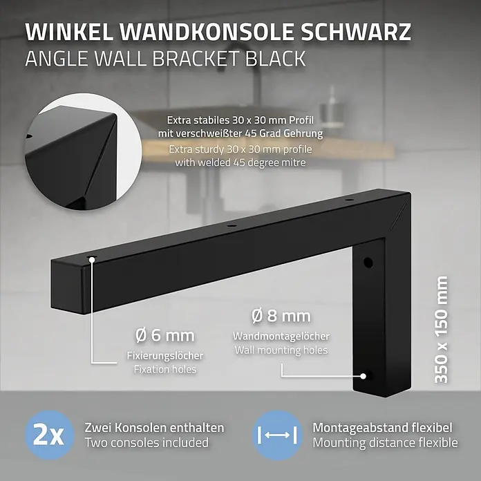 ML-Design Wandkonsole Regalwinkel L-Form Schwarz Konsolenträger Regalträger Halterung - L x B x H: 350 x 30 x 150 mm, Belastbarkeit: 50 kg, Stahl