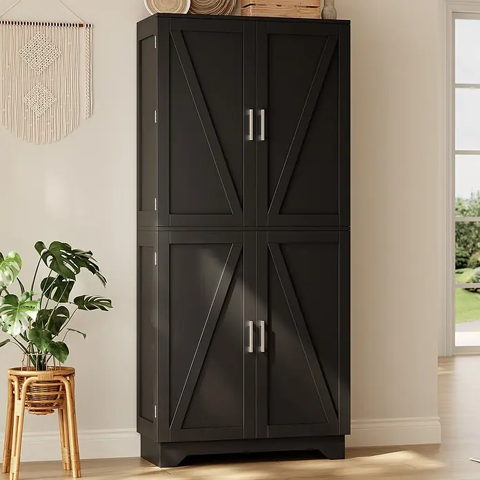 SONNENH Holz-Mehrzweckschrank - Schwarz/Natur - Hoher schwarzer Vorratsschrank mit Scheunentor-Paneelen und silbernen Griffen.