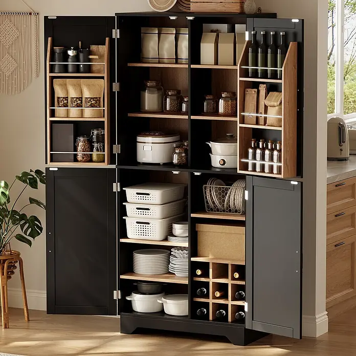 SONNENH Holz-Mehrzweckschrank - Schwarz/Natur - Großer schwarzer Vorratsschrank mit Holzregalen, gefüllt mit Küchenutensilien und Geschirr, in einer modernen Küche.