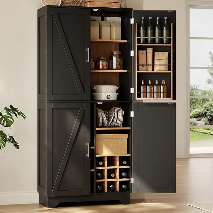SONNENH Holz-Mehrzweckschrank - Schwarz/Natur - Großer schwarzer Vorratsschrank mit offenen Scheunentüren, zeigt organisierte Regale, Geschirr und Weinlagerung.