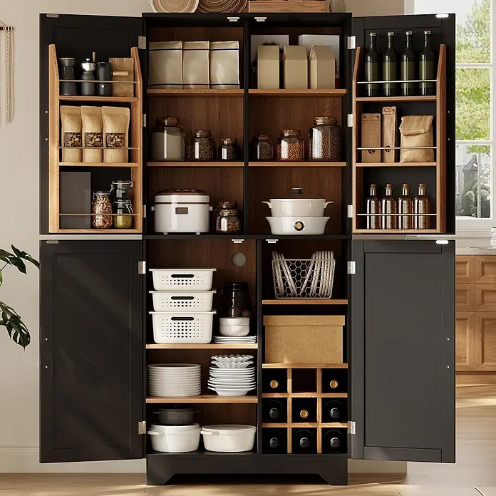 SONNENH Holz-Mehrzweckschrank - Schwarz/Natur - Großer offener Vorratsschrank aus Schwarz und Holz, gefüllt mit Küchenutensilien wie Gläsern, Flaschen, Geschirr und Kleingeräten.