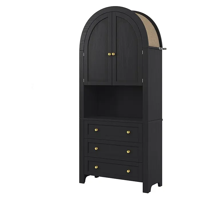 SONNENH Holz-Mehrzweckschrank mit Bogenaufsatz, Schwarz -  - Schwarzer Holzschrank mit gewölbter Oberseite, zwei Türen, offenem Fach und drei Schubladen, akzentuiert mit goldenen Knäufen und beigem Stoffdetail.
