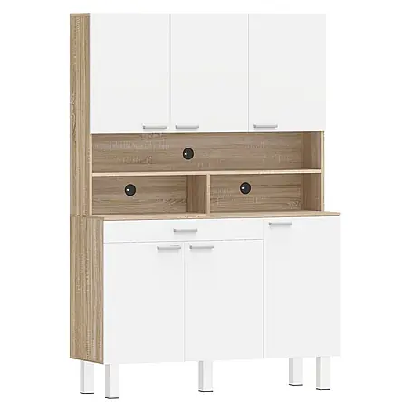 SONNENH Mehrzweckschrank mit 6 Türen und Schublade, Weiß/Natur