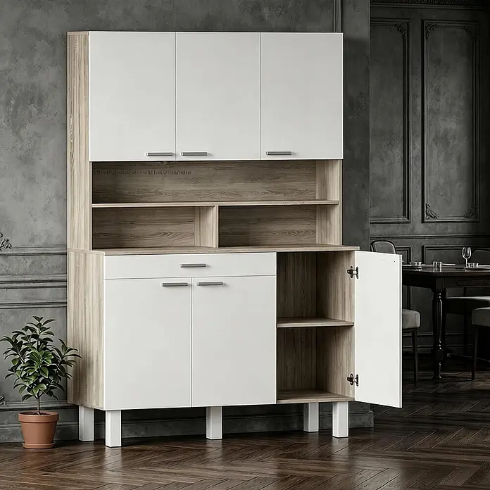 SONNENH Mehrzweckschrank mit 6 Türen und Schublade, Weiß/Natur -  - Weißes und holzfarbenes Küchenbuffet/Anrichte mit Türen, Schubladen und offenen Fächern in einem modernen Esszimmer.