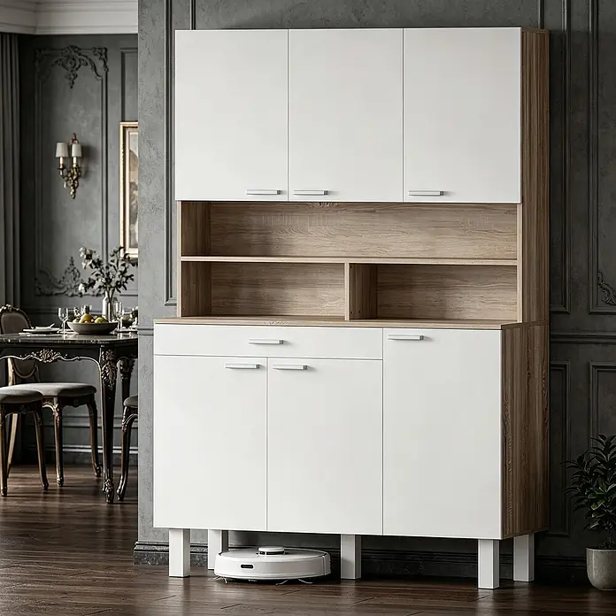 SONNENH Mehrzweckschrank mit 6 Türen und Schublade, Weiß/Natur -  - Weiß-hellbrauner Schrank mit Regalen und Schubladen im Esszimmer, darunter ein Staubsaugerroboter.