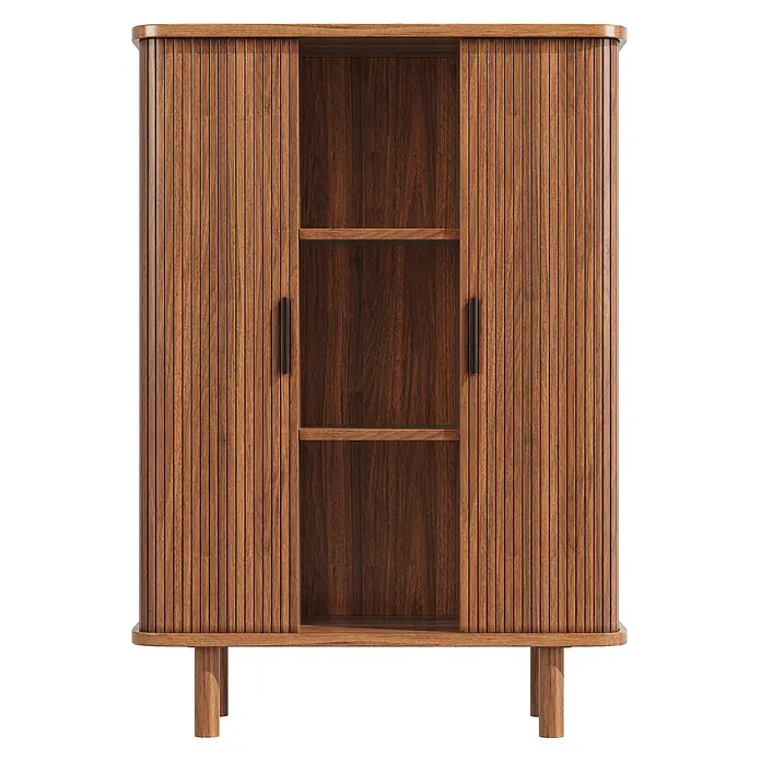 SONNENH Holz-Mehrzweckschrank mit Rollladentüren, Dunkelbraun -  - Dunkler Holzschrank mit Lamellen-Schiebetüren, offenen Fächern und dunklen Griffen auf kurzen Holzbeinen.