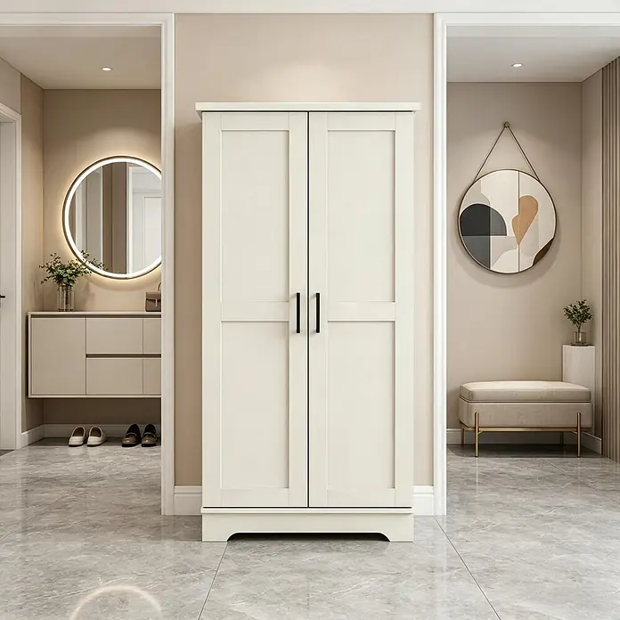 SONNENH Holz-Mehrzweckschrank - Creme - Cremefarbener zweitüriger Eingangsschrank mit schwarzen Griffen in einem modernen Flur.