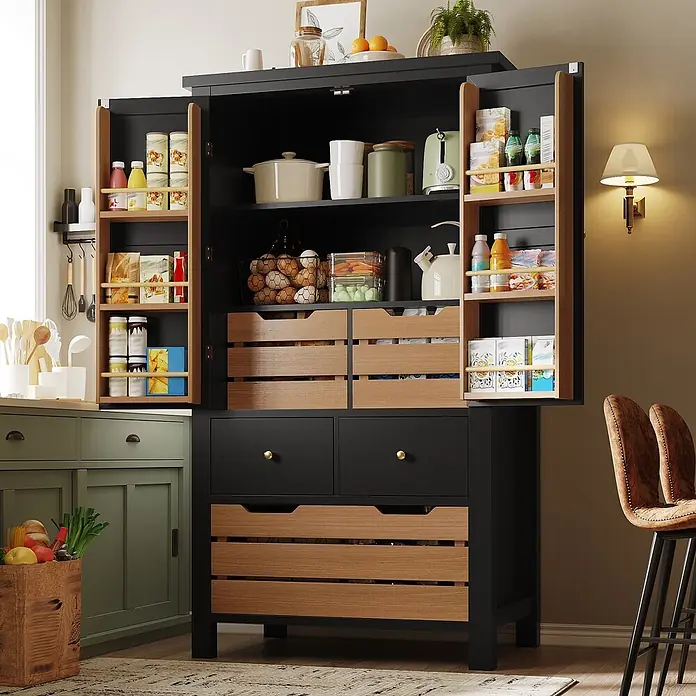 SONNENH Holz-Mehrzweckschrank mit Türregalen und Körben, Schwarz -  - Hoher Vorratsschrank aus schwarzem und naturfarbenem Holz, offen und organisiert mit Lebensmitteln und Küchenutensilien in moderner Küche.