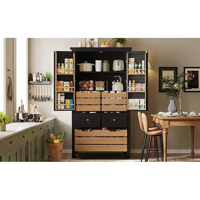 SONNENH Holz-Mehrzweckschrank mit Türregalen und Körben, Schwarz -  - Großer schwarzer Vorratsschrank mit hellen Holzschubladen und Regalen, gefüllt mit Küchenutensilien in moderner Küche.
