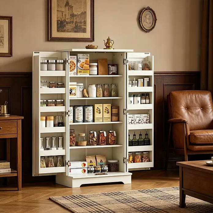 SONNENH Holz-Mehrzweckschrank - Creme - Hoher weißer Vorratsschrank mit mehreren Regalböden und Türablagen, geöffnet und mit Lebensmitteln in einem gemütlichen Raum gefüllt.