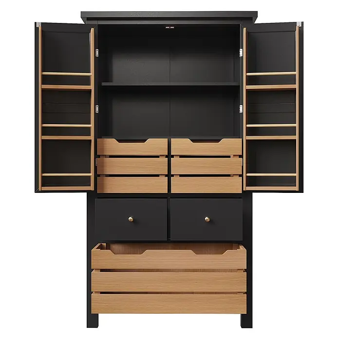 SONNENH Holz-Mehrzweckschrank mit Türregalen und Körben, Schwarz -  - Dunkelgrauer und Eichenholz-Vorratschrank mit offenen Türen, Regalen und herausziehbaren Kisten und Schubladen.