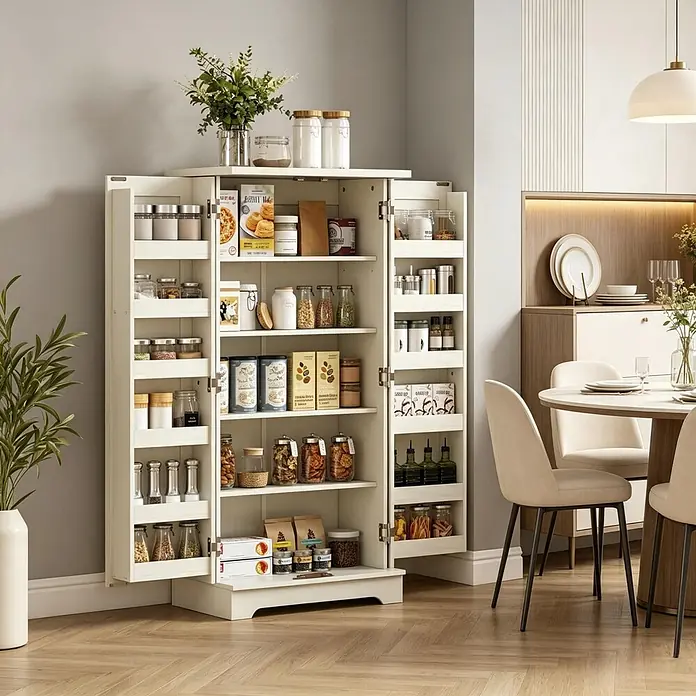 SONNENH Mehrzweckschrank mit 12 Türablagen, Creme -  - Weißer Vorratsschrank mit offenen Türen, gefüllt mit Lebensmitteln und Gewürzen, in einem Küchen-/Essbereich.